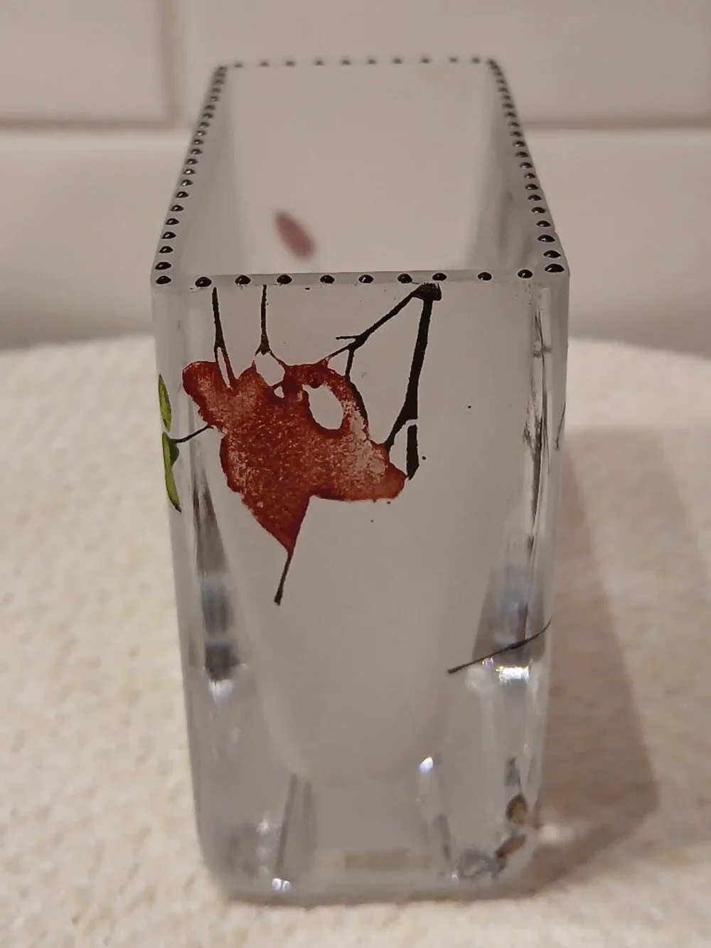 Square Frosted Glass Vase with Maple Tree Branch Design